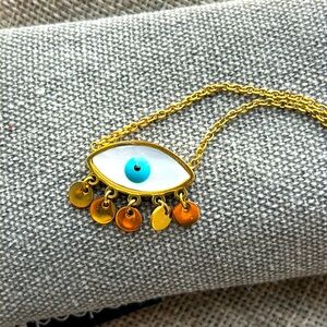 Gold Stainless Steel Blue Evil Eye Mother of Pearl Necklace Dangle Protection